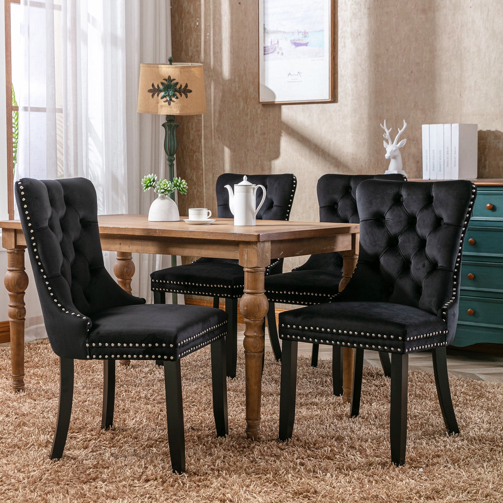 ODUSE-DAILY Black Velvet Dining Chairs Set of 4, Kitchen & Dining Room Chairs, Sillas De Comedor, Nailheads Tufted, Velvet Upholstered, Solid Wood (Black, 4 Pcs)