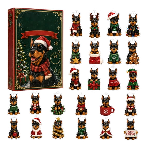 Doberman Christmas Advent Calendar,24 Pcs 2D Acrylic Doberman‑Pinscher‑Themed Hanging Ornaments Countdown Box,Tree Decor Holiday Collectible Gift