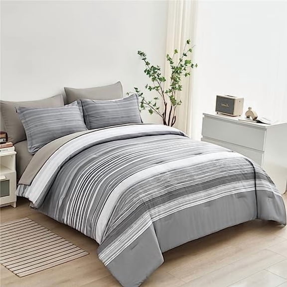 7 Piece Bed in a Bag Stripe Comforter Set Queen Size, White Grey Patchwork Striped Comforter and Sheet Set, All Season Soft Microfiber Complete Bedding Set(Light Grey,Queen)