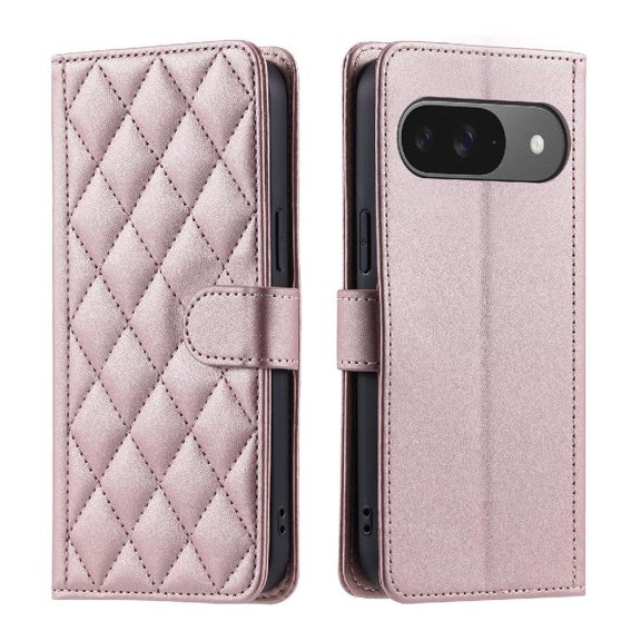 Phone Case for Google Pixel 10 Lattice Flip Folio Wallet Magnetic Card Slots Holder Hand Strap