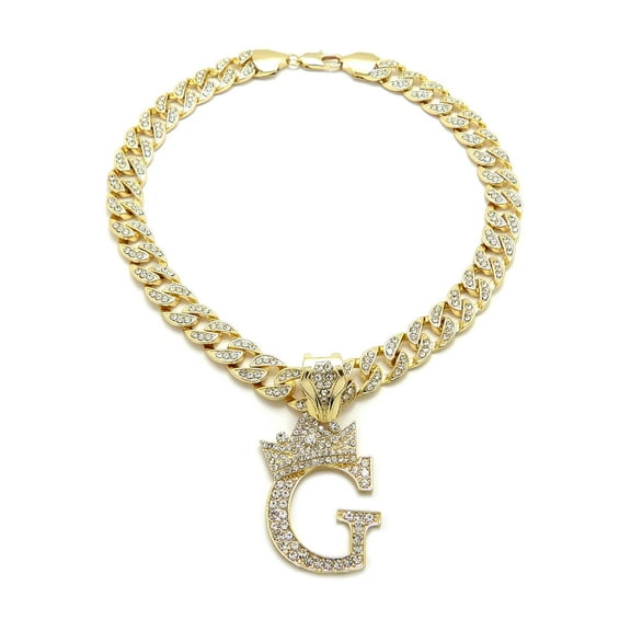 iJewelry2 Kings and Queens Crowned Initial Letter G Crystals Pendant Gold-tone Cuban Linked Chain Necklace