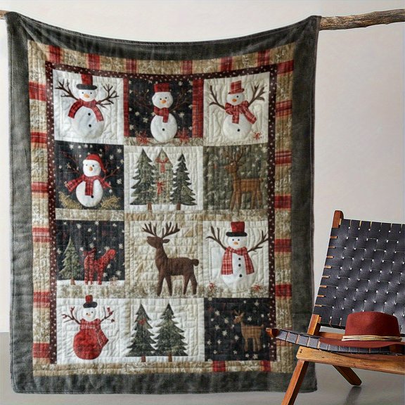 Cozy Christmas Flannel Quilt Throw - Soft Warm All-Season Bedspread with Snowman, Reindeer & Cedar Print- Red, Green, Brown, Beige, Black, White, Golden - for Sofa, Bed, Travel, Camping, Office