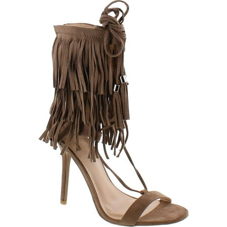 

Adele-221 Open Toe Layered Fringe Corset Tassel Lace Up Stiletto Heels Taupe Imsu 5