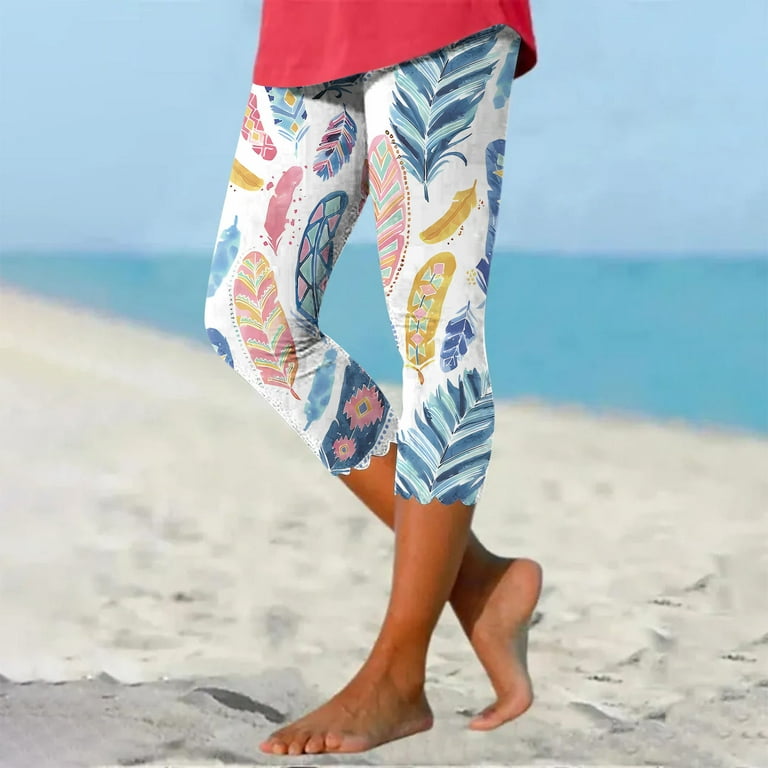 Women's Stretch Capri Leggings Under Tunic Tops and Dress Graphic Print  Beach Capris Cropped Pants Underpants (Medium, Blue 02)