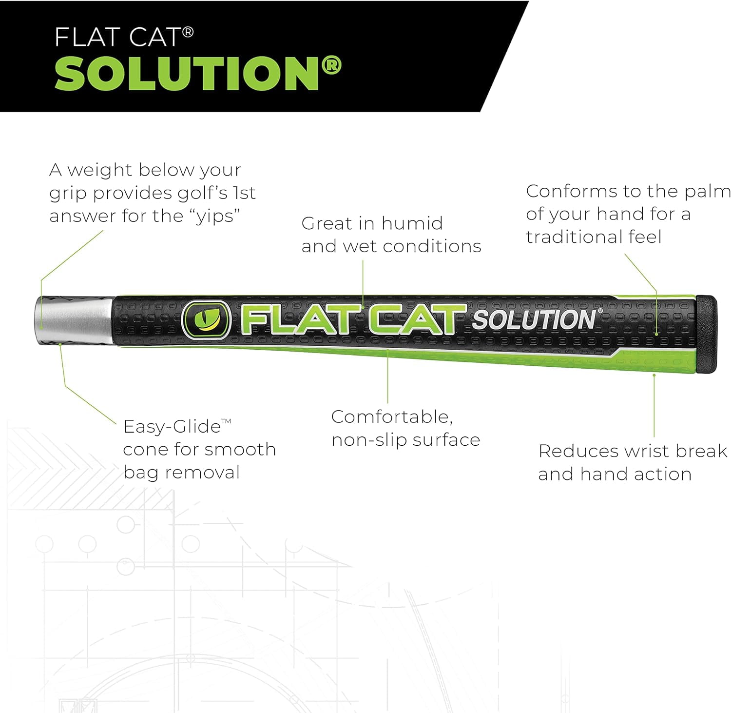 Flat Cat Pistol Solution Weighted Putter Grip – Black/Lime, 99g, Flat 1 TRU Alignment Design