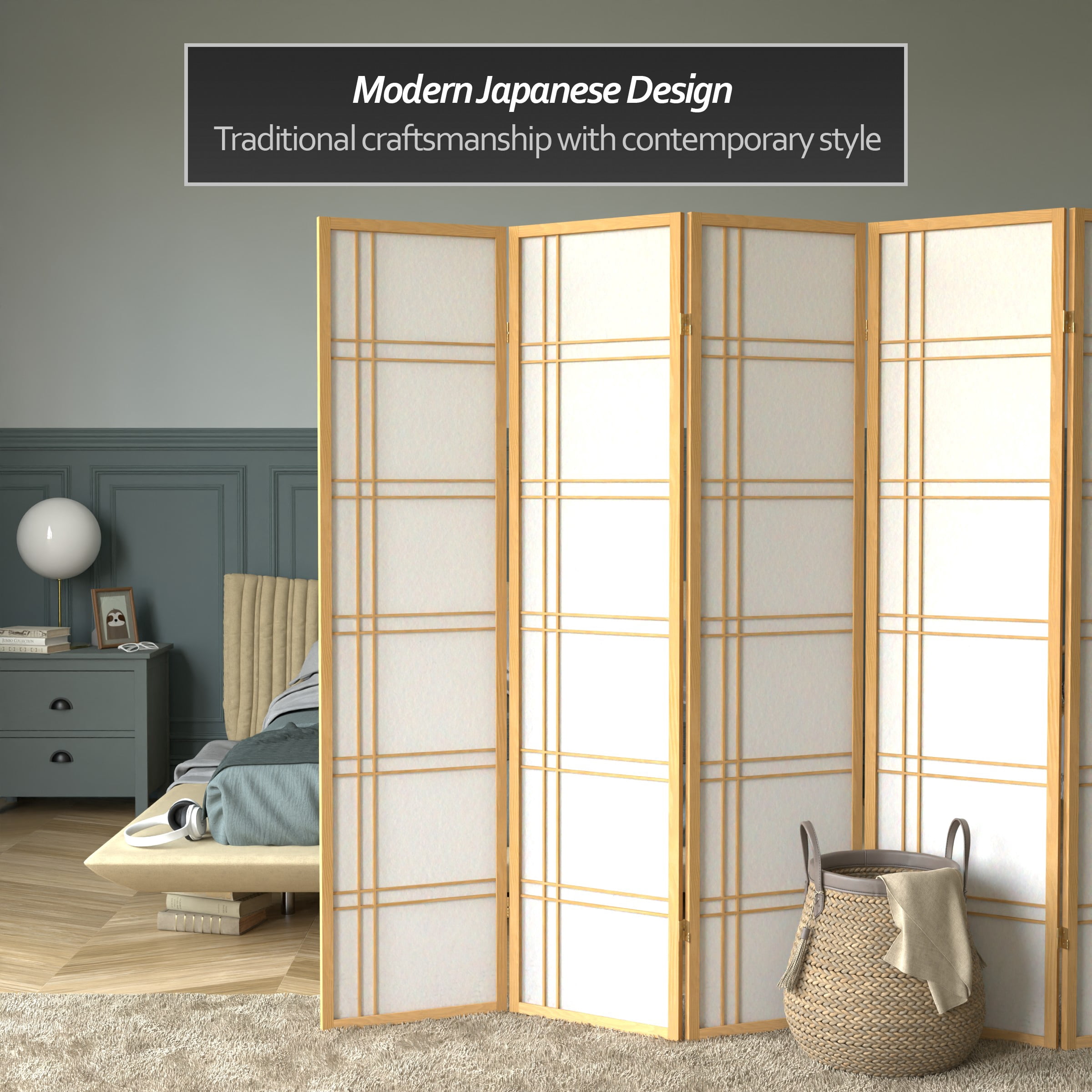 6 ft. Tall Double Cross Shoji Screen - Natural - 6 Panels