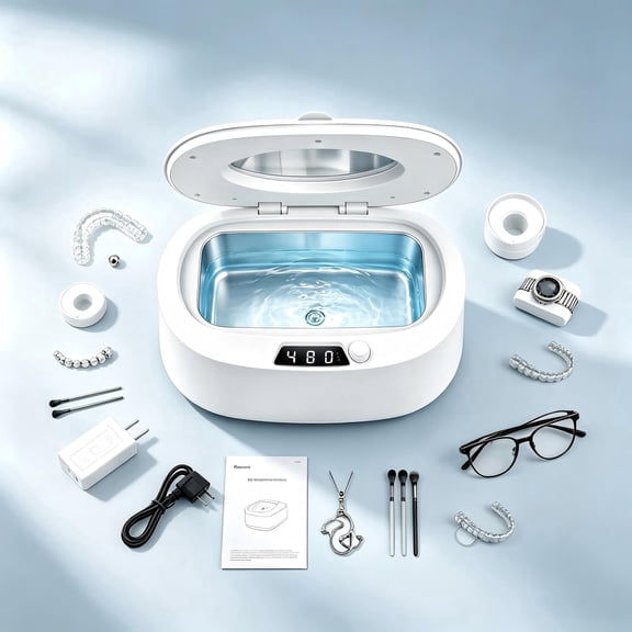 Yucurem 50kHz Ultrasonic Retainer Cleaner Machine, 1000mL Large Capacity with UV‑C, Denture Cleaner for Aligners, Night Guards, Braces, Jewelry, Eyeglasses, White
