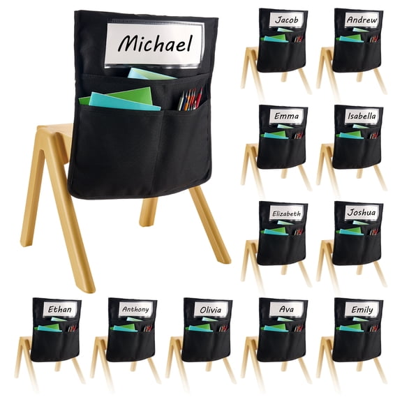 VEVOR Chair Pockets for Classroom, 12 Pack, 17 x 19 Inches Chairback Buddy Pocket with Name Tag, Back of Chair Organizer for Kids in Classroom, Kindergarten, School, and Home, Black