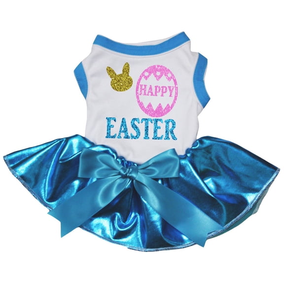Petitebelle Bunny Face Happy Easter Egg Puppy Dog Dress (White/Peacock Blue, Small)