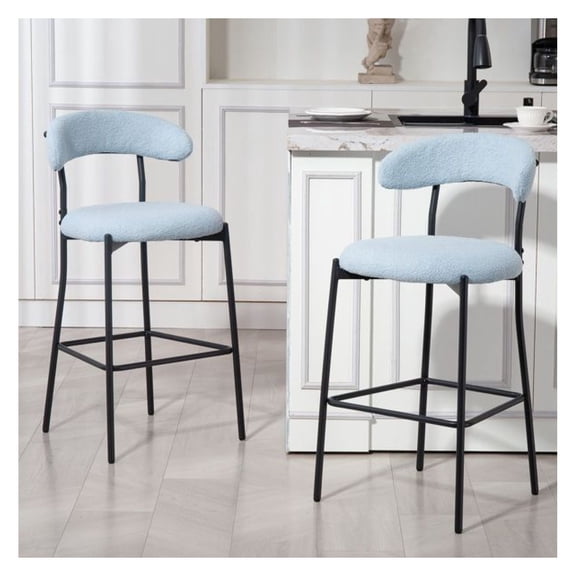 26'' Counter Height Bar Stools - Teddy Fabric Kitchen Island Stools with Black Base & Footrest (Blue) - Comfortable Bar Chairs for Home, Cafe, Vanity as picture