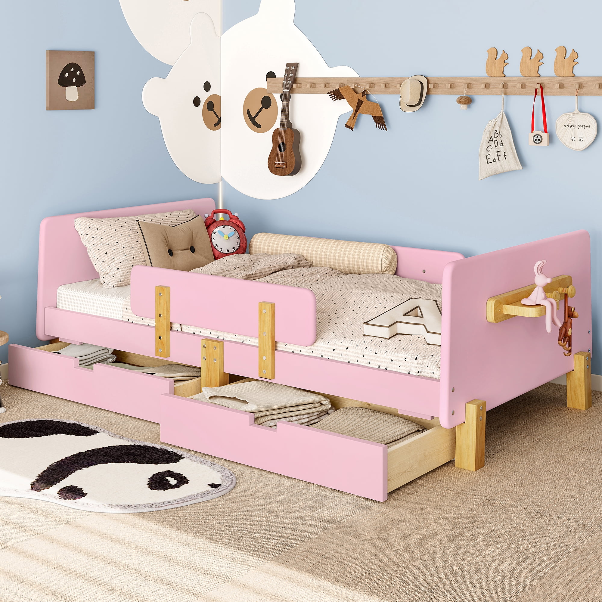 Yoneston Twin Size Kids Platform Bed with 2 Storage Drawers, Solid Wood Todder Bed Frame with Guardrails and Hooks for Boys Girls, Pink