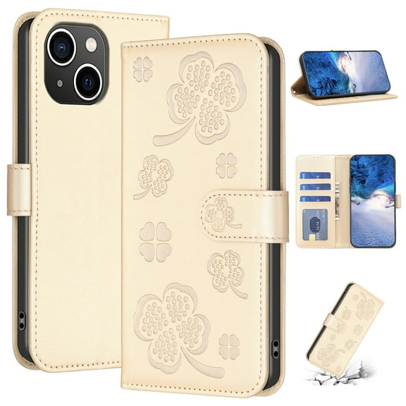 SaniMore for iPhone 15 Wallet Case, PU Leather Embossed Flower Adjustable Stand Card Slots Cash Pocket Business Shell Styllish Full Protective Shockproof Anti-drop TPU Inner Retro Design, Gold