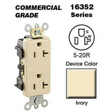 Leviton 16352-I Decora Duplex Receptacle Commercial Grade 5-20R 20A 125V BandS Wired - Ivory