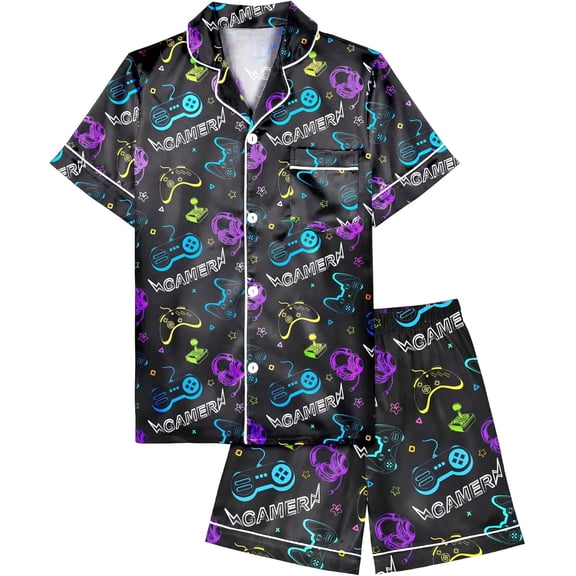 Fiodrimy Boys Pajamas Big Boys Satin PJS Set Summer Short Sleeve Button Down Kids Silky Pajama Lounge Sleepwear Size 8-14