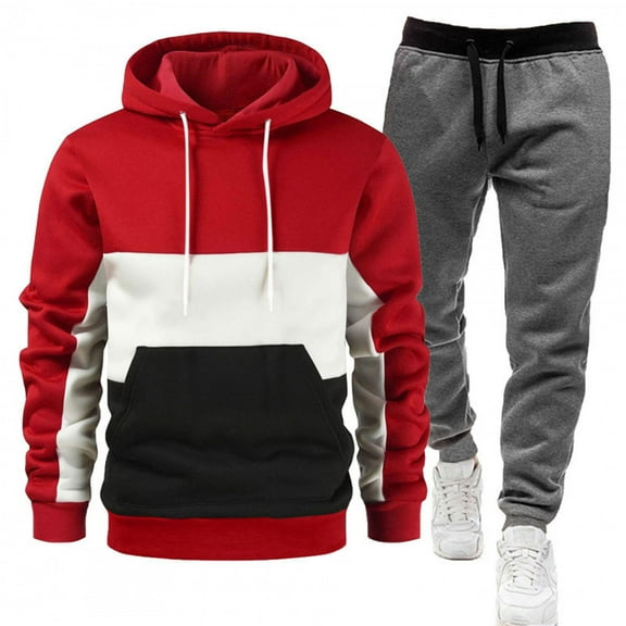 Domuza Mens Tracksuits 2 Piece Set Sport Casual Color Block Fleece Hoodies Pullover and Jogger Sweatpants Fall Winter Hooded Set Jogging Suit Red 3XL