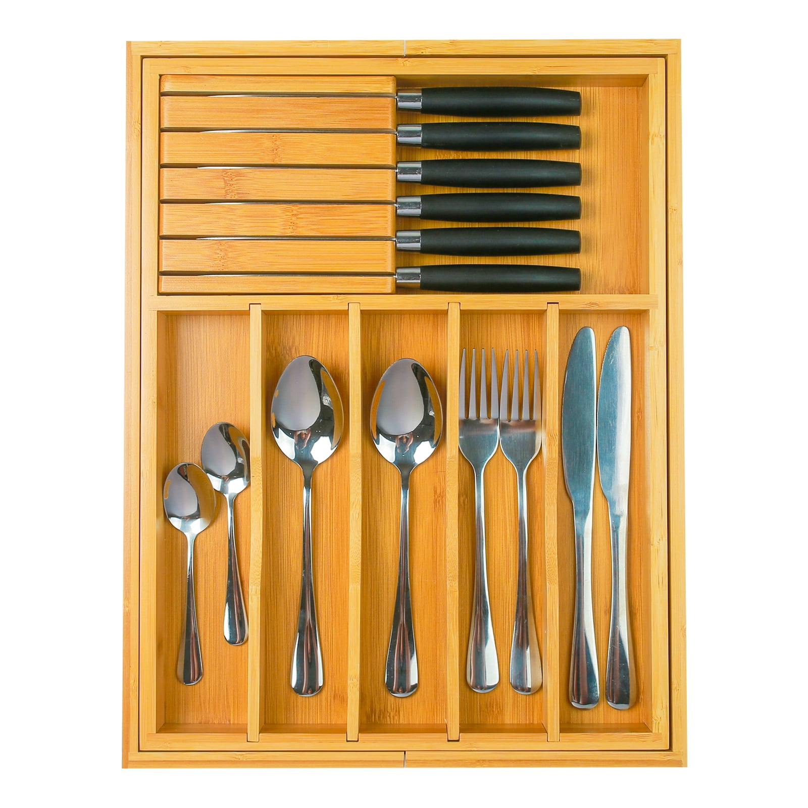 Bamboo Expandable Silverware Drawer Organizer,Adjustable Kitchen Utensil Organizer with Removable Dividers and Knife Block for Flatware, Cutlery , Knives