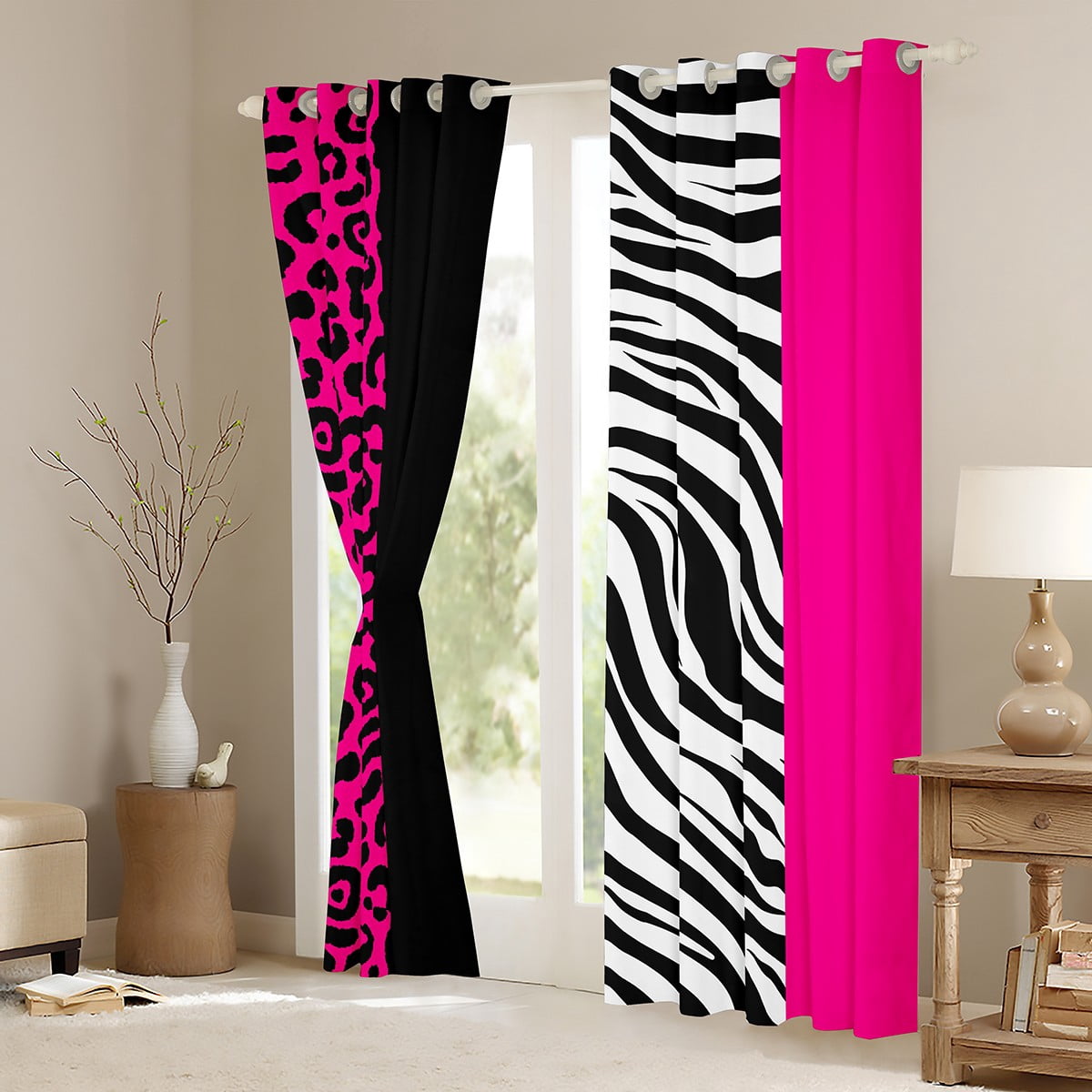 Manfei Zebra Stripes Curtains Pack of 2 (42x84 Each),Leopard Print Curtains Blackout,Pink Black Geometric Lines Bedroom Curtains For Boys Girl,Ultra Soft Home Decor