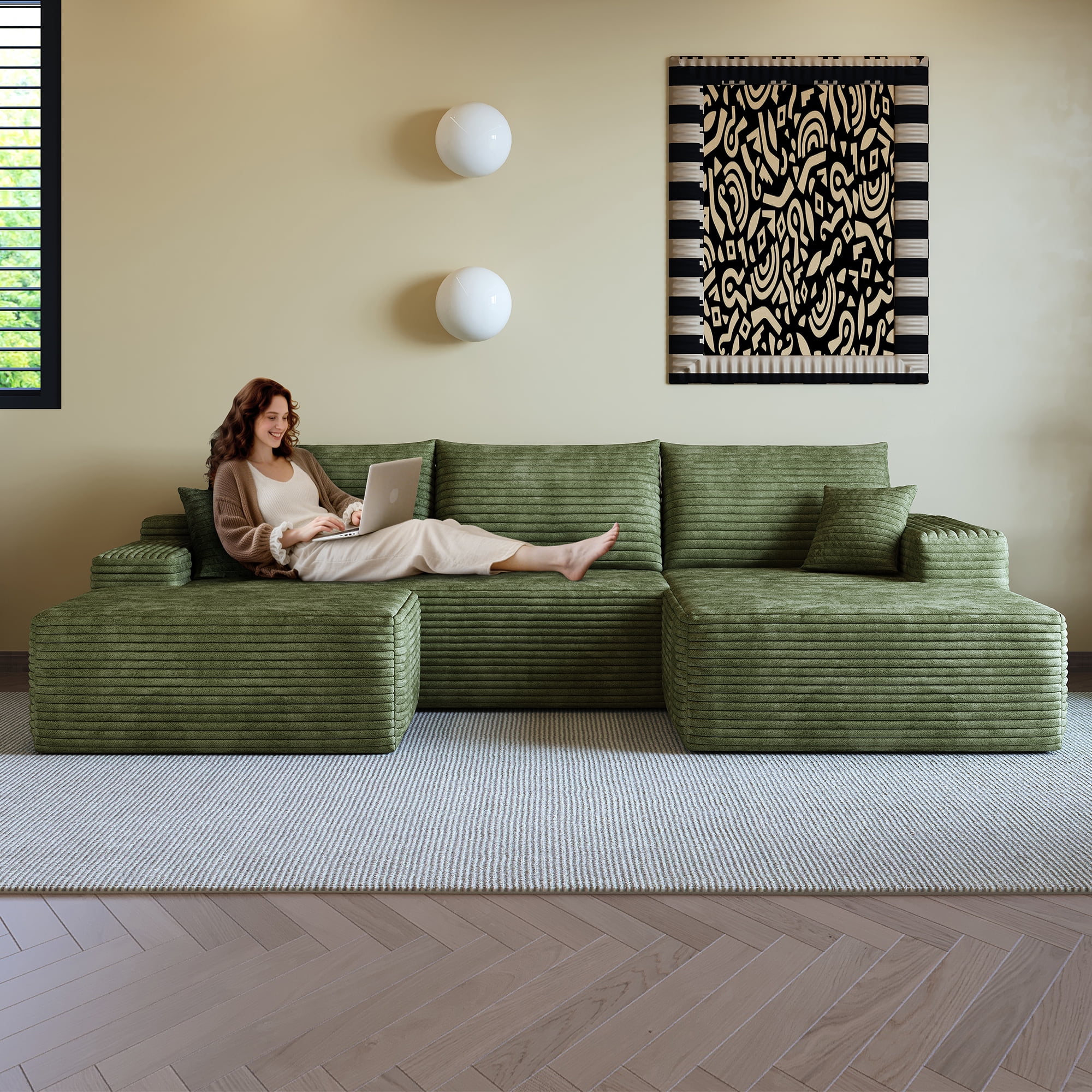 MAYEERTY 107" Cloud Sectional Sofa with 1 Ottoman, Modern Minimalist U-Shaped Deep Seat Couch, No Assembly Plush Corduroy Fabric, Green (3 packages)