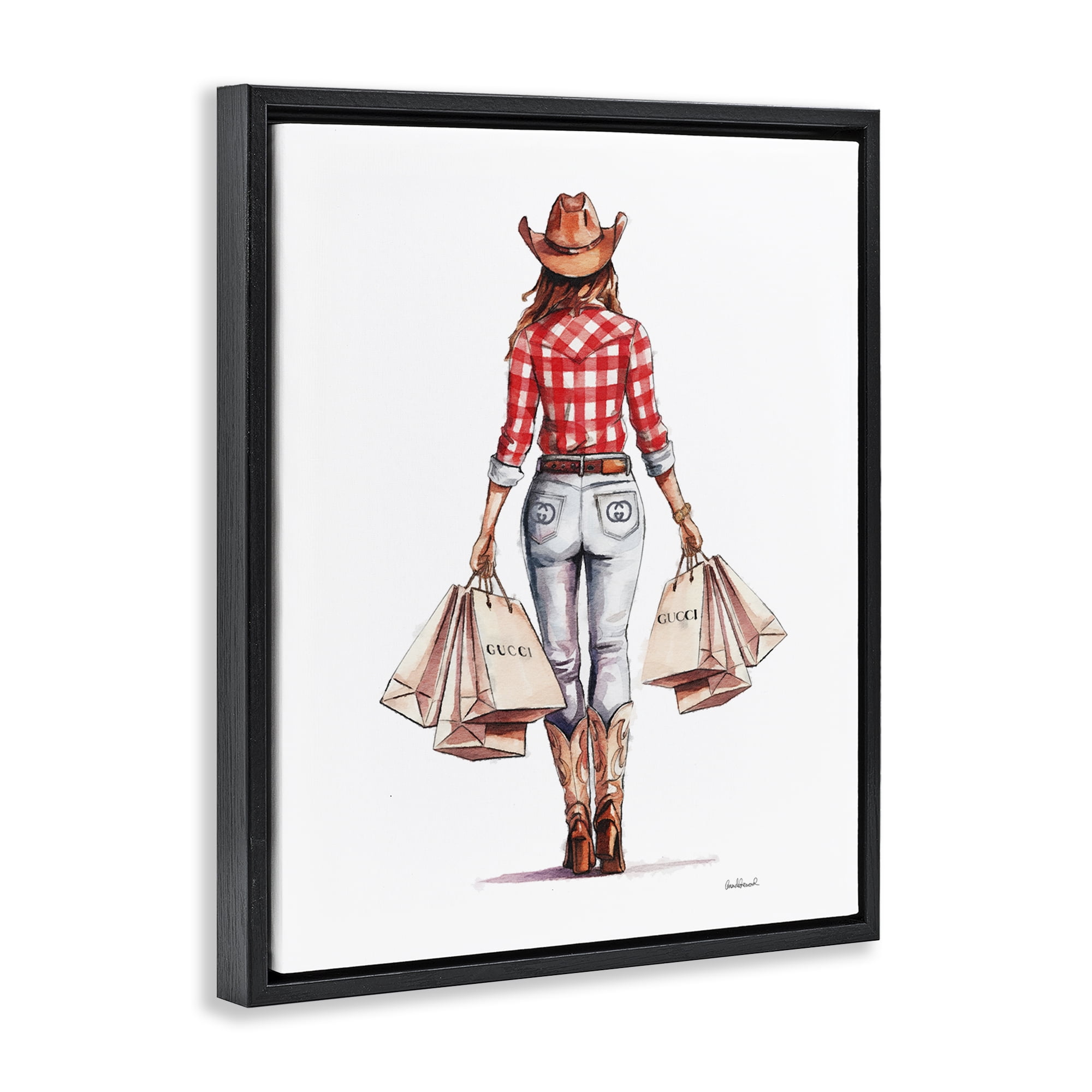Stupell Industries Country Cowgirl Shopping People Painting Black Floater Framed Canvas Art Print Wall Art, 17 x 21