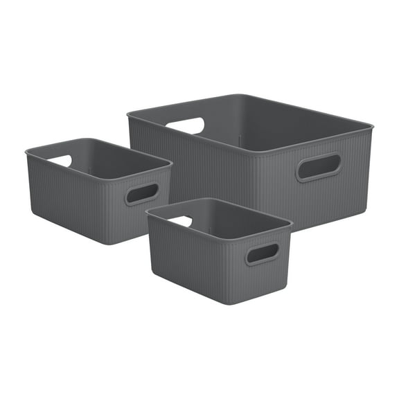 Decorative Plastic Open Home Storage Bins Organizer Baskets, Grey (Set of 3) 1 Large, 2 Medium - Container Boxes for Organizing Closet Shelves Drawer Shelf - Ribbed Collection