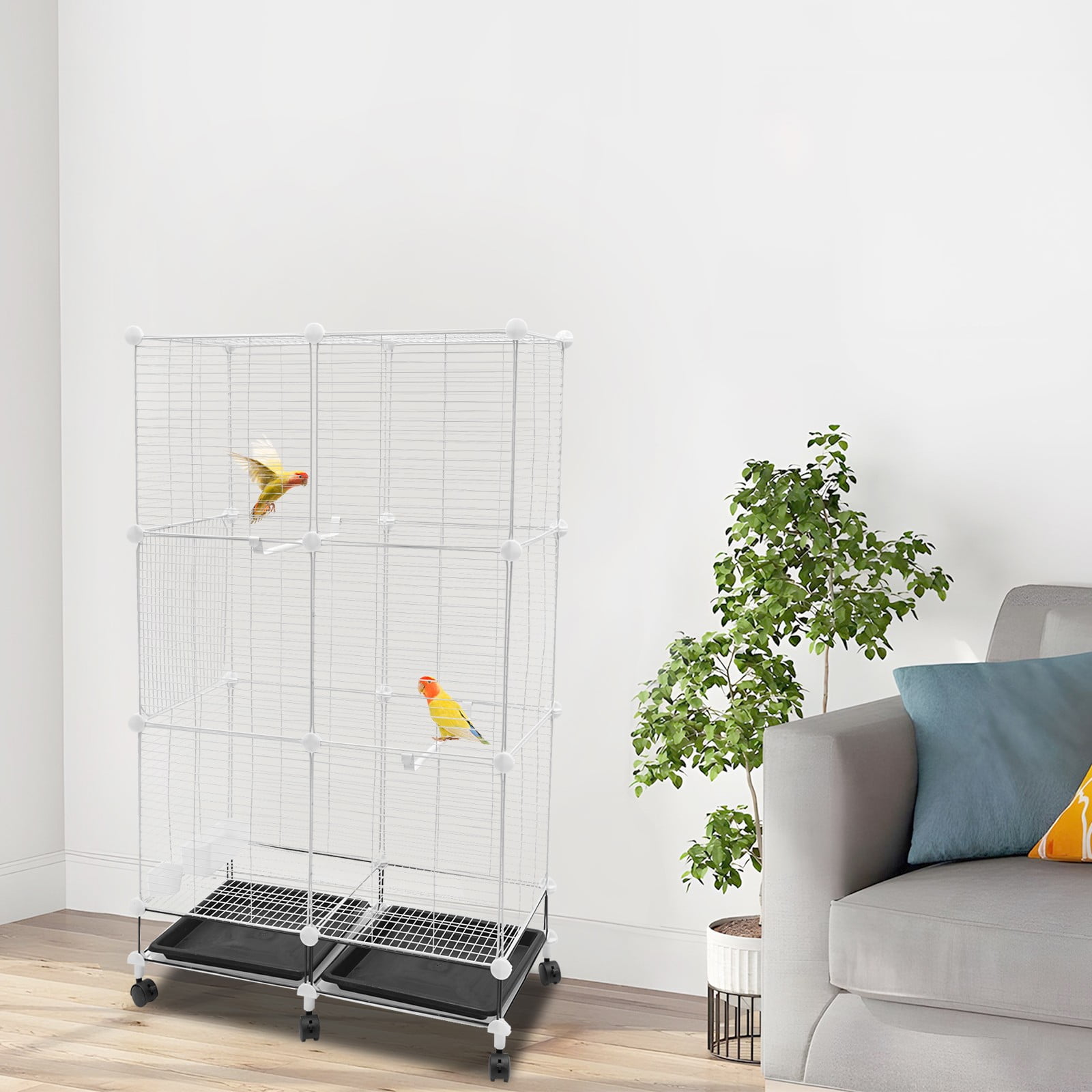 Large Bird Cage 360° Fully Open, 3-Tier Movable Pet Bird Flight Cage with 6 Universal Wheels, Panorama Bird Aviary Indoor 29.5x14.6x49.2in with 1-10 Birds Capacity with Stand 2 Tray (Iron Net)