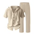 thumbnail image 6 of Awwp Men Set Summer Matching Set for Men Holiday Shor Sleeve Shirts 2 Piece Sets Trendy Long Pants Button Button With Hooded Khaki L, 6 of 7