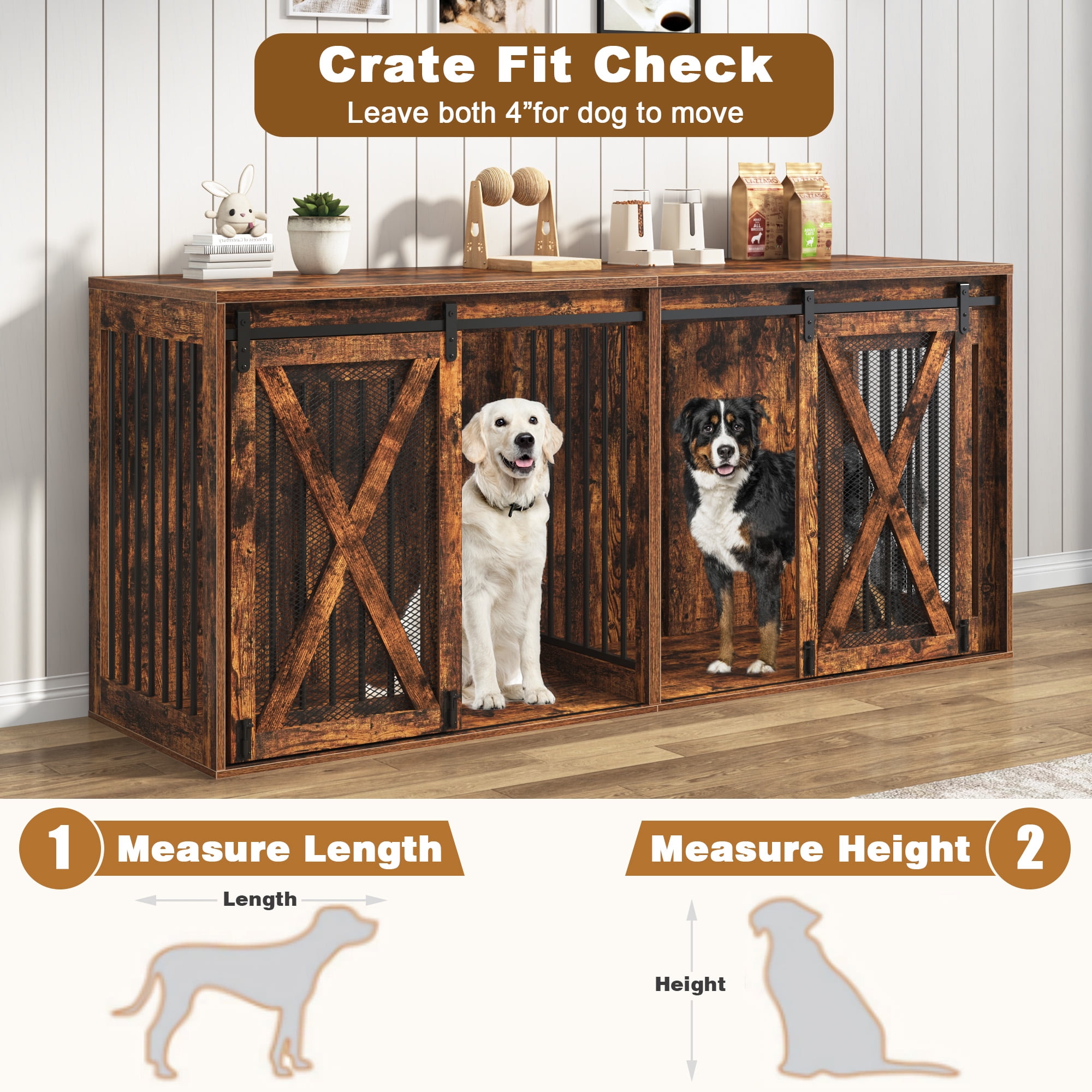 Nordee 78.7" XXL Dog Crate Furniture for 2 Large Dogs, Heavy Duty Double Dog Cage Large Breed, 35.4" Tall Thick Wooden Dog Kennel TV Stand with Divider, Rustic Brown