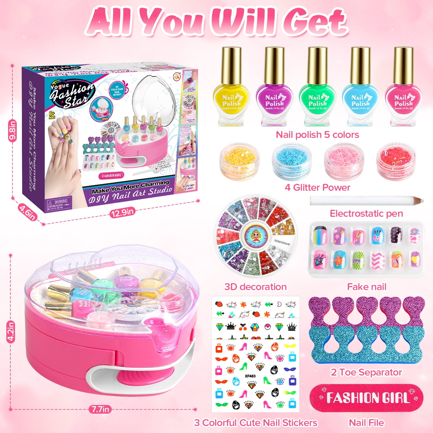 Beefunni Kids Nail Polish Set for Girls, Nail Art Kit for Kids Age 7-12 with Nail Dryer, Nail Kit Kids,All-in-One Organizer Nail Dryer, Birthday Gift for Kids 3-12 Years OldBeefunni Kids Nail Polish