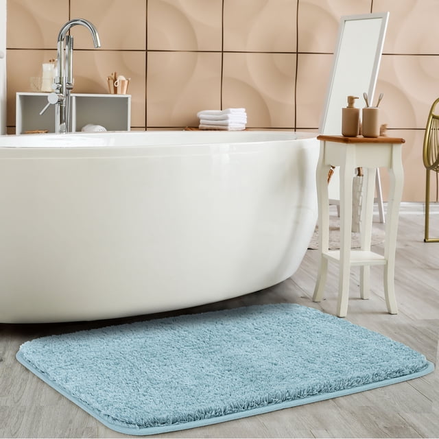 Alfombra de baño de felpa gruesa PiccoCasa, alfombras de piso, alfombra de cocina, suave microfibra, antideslizante, respaldo de goma TPR, azul 24" x 35"
