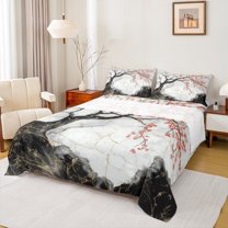 Feelyou Pink Blossoms Flower Queen Sheet Sets, Modern Marble Ombre Flat Sheet, Fashion Japanese Style Queen Fitted Sheet, Breathable Home Decor, 4pcs