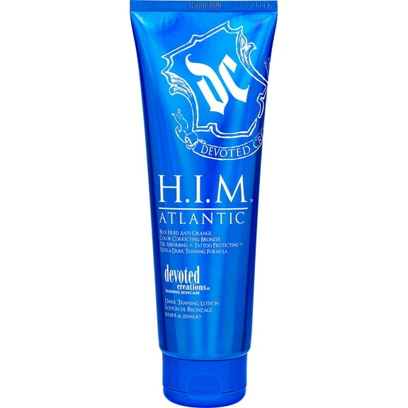 Devoted Creations H.I.M Atlantic Tanning Lotion - Blue Hued Anti-Orange Color Correcting Bronzer - Oil Absorbing   Tattoo Protecting   Ultra-Dark Tanning Formula 8.5 oz.