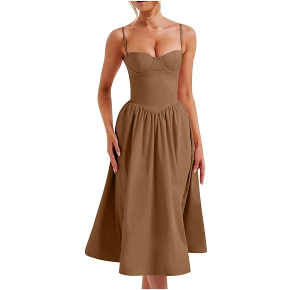 Heisall Corset Dress for Women Formal Spaghetti Strap Bustier Midi Dresses Flowy Pleated Hem Corset Sundress with Pockets