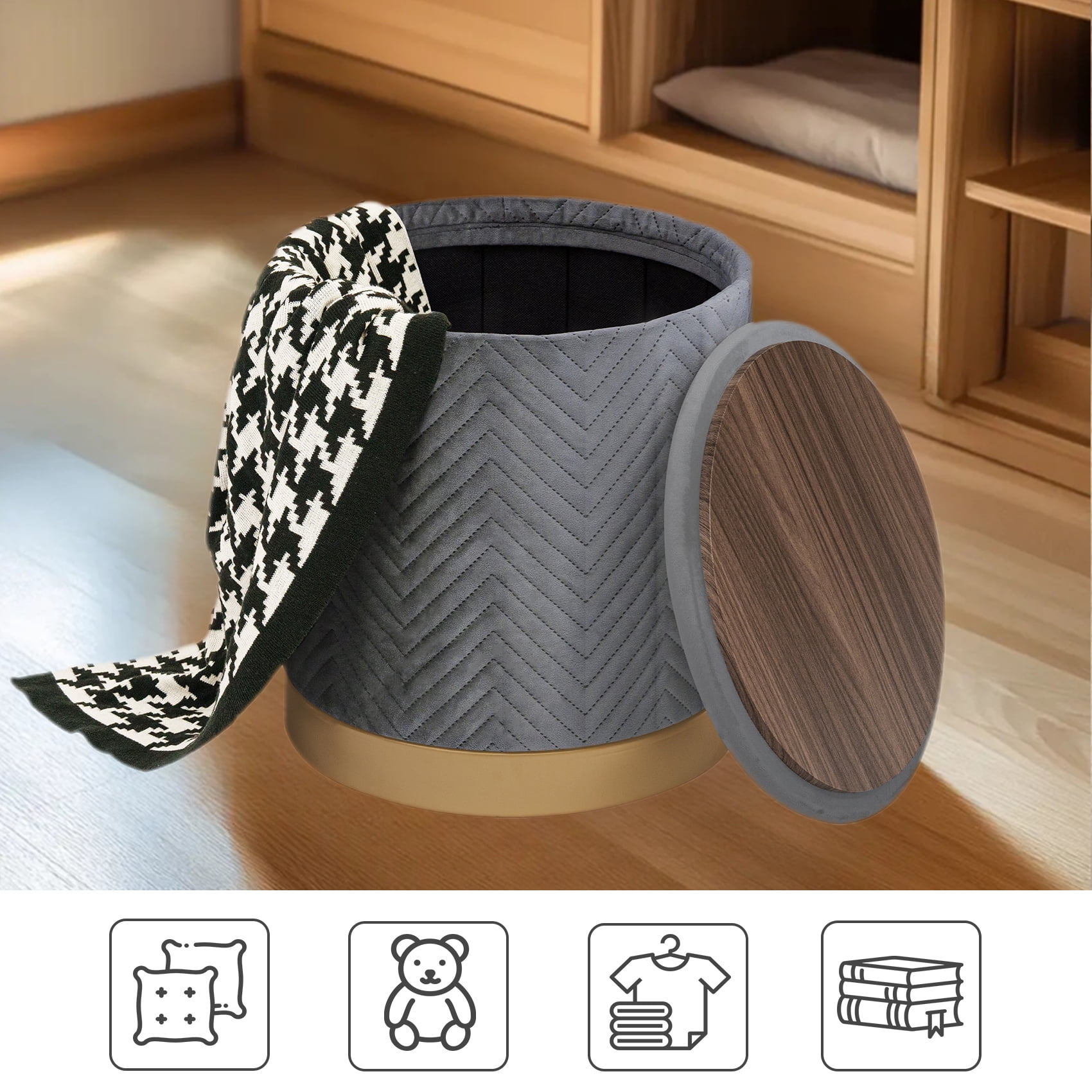 PINPLUS 15" Round Storage Ottoman with Tray Gold Edge Stool Leg Foot Rest for Living Room Gray,Velvet Fabric