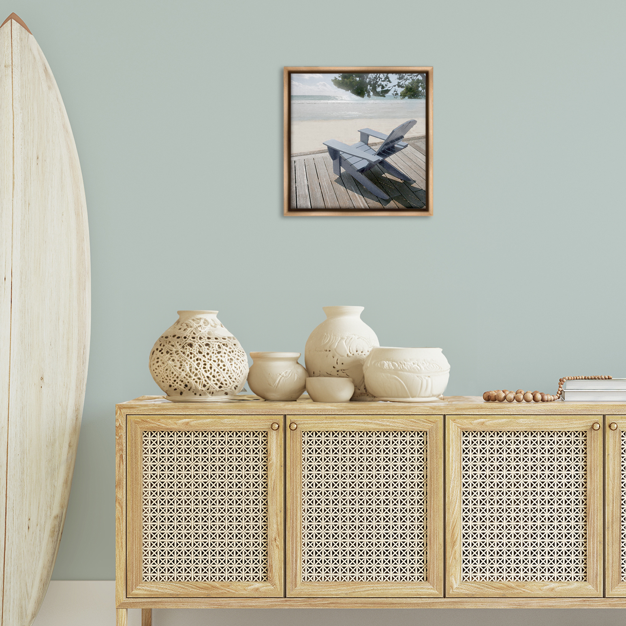 Stupell Industries Greek Chair Beach Landscape Landscape Painting Brown Floater Framed Canvas Art Print Wall Art, 18 x 18