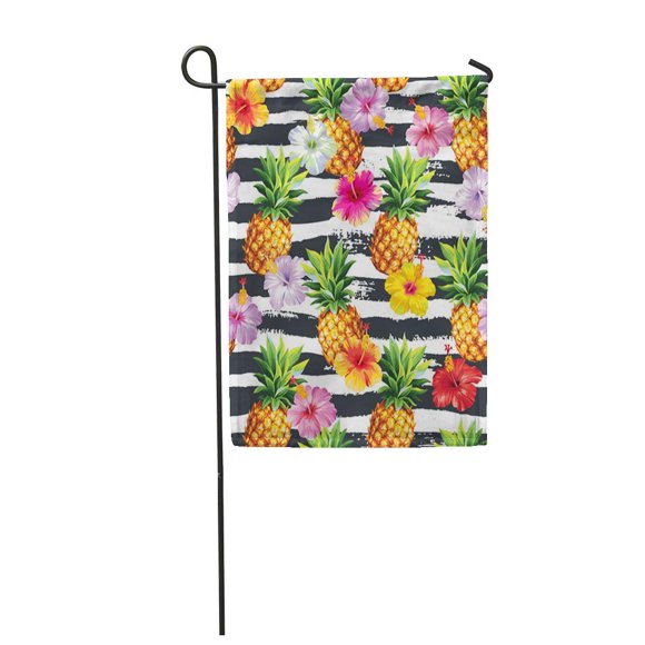 POGLIP Pattern Hawaiian Pineapples and Hibiscus Flowers on Striped Fruit Garden Flag Decorative Flag House Banner 28x40 inch