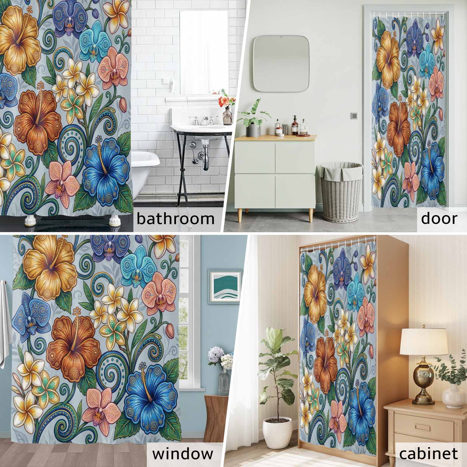 Shower Curtain Bathroom Set Abstract Retro Boho Flower Waterproof Fabric Shower Curtains with Grommets&Hooks, Blue Gold Flower Green Leaf Privacy Bath Curtain for Bathtub 72x72in