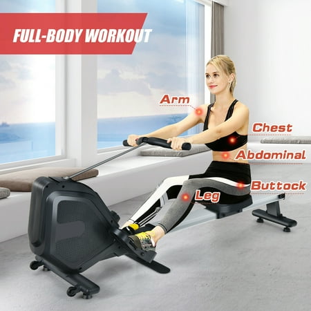 Costway - Folding Magnetic Rowing Machine with Monitor Aluminum Rail 8 Adjustable Resistance - Black