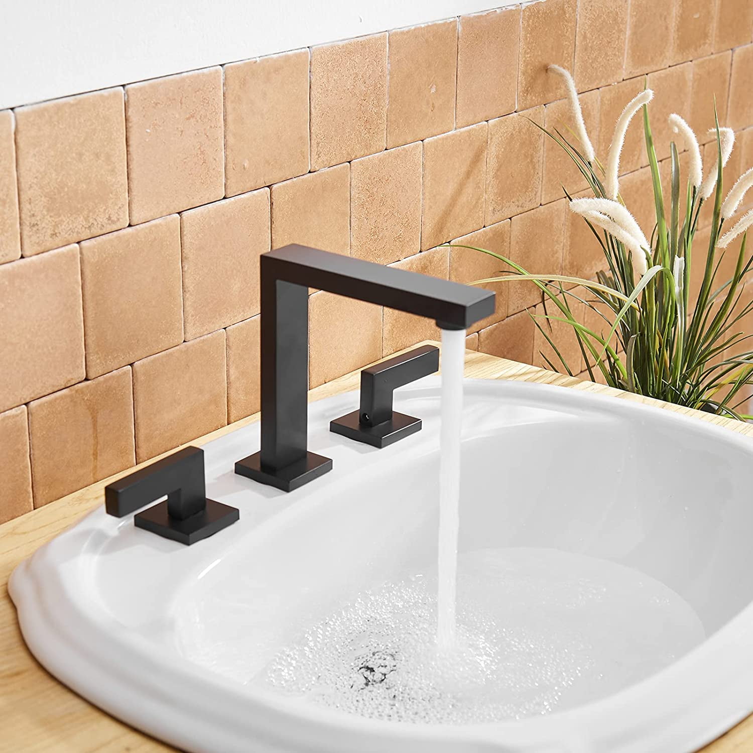 BWE Widespread Bathroom Faucet 3 Hole Matte Black with Pop Up Drain with Overflow Assembly and Supply Hose Bathroom Faucets for Sink 2-Handle 3 Pieces 8 Inch Basin Lavatory Mixer Tap