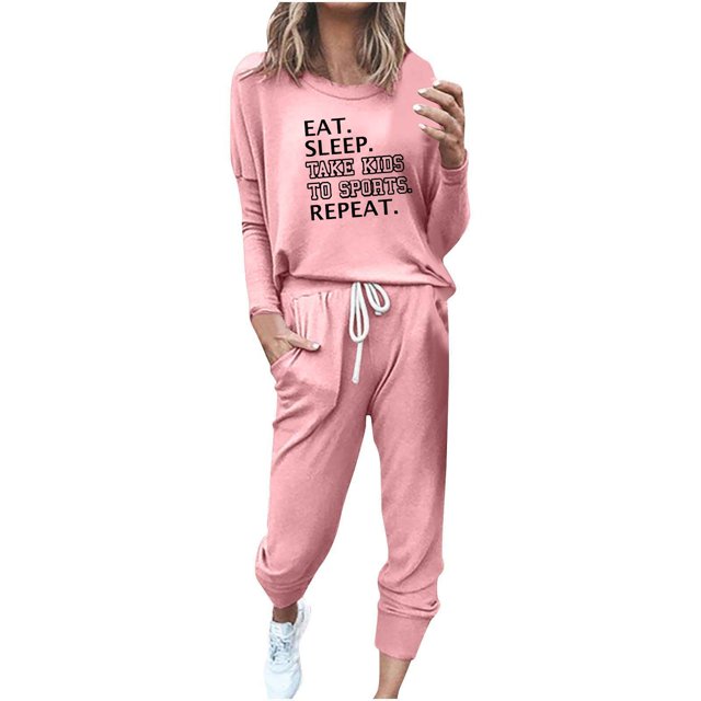 Pisexur Womens Lounge Set 2 Piece Outfits Long Sleeve Letter Print Blouses Tops Drawstring Pockets Long Pants Track Suits Plus Size Vacation Outfits Sweatsuit Set S-5XL