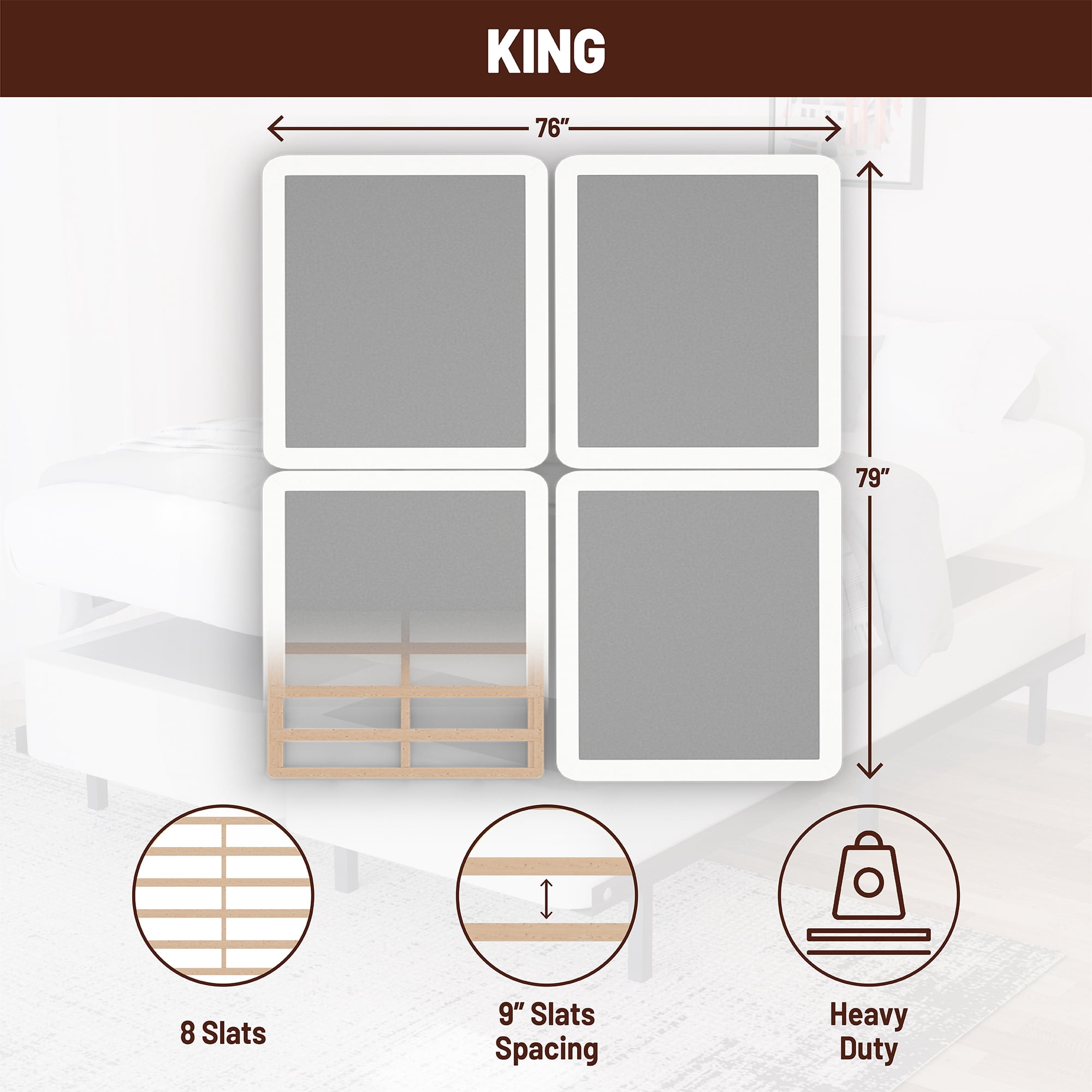 Continental Sleep, Box Spring Bed Base King(Fold) Size, 8-Inch Wood Mattress Foundation, Quiet Noise Free, 4-Pieces Under Mattress Support BoxSpring, Fully Assembled, White