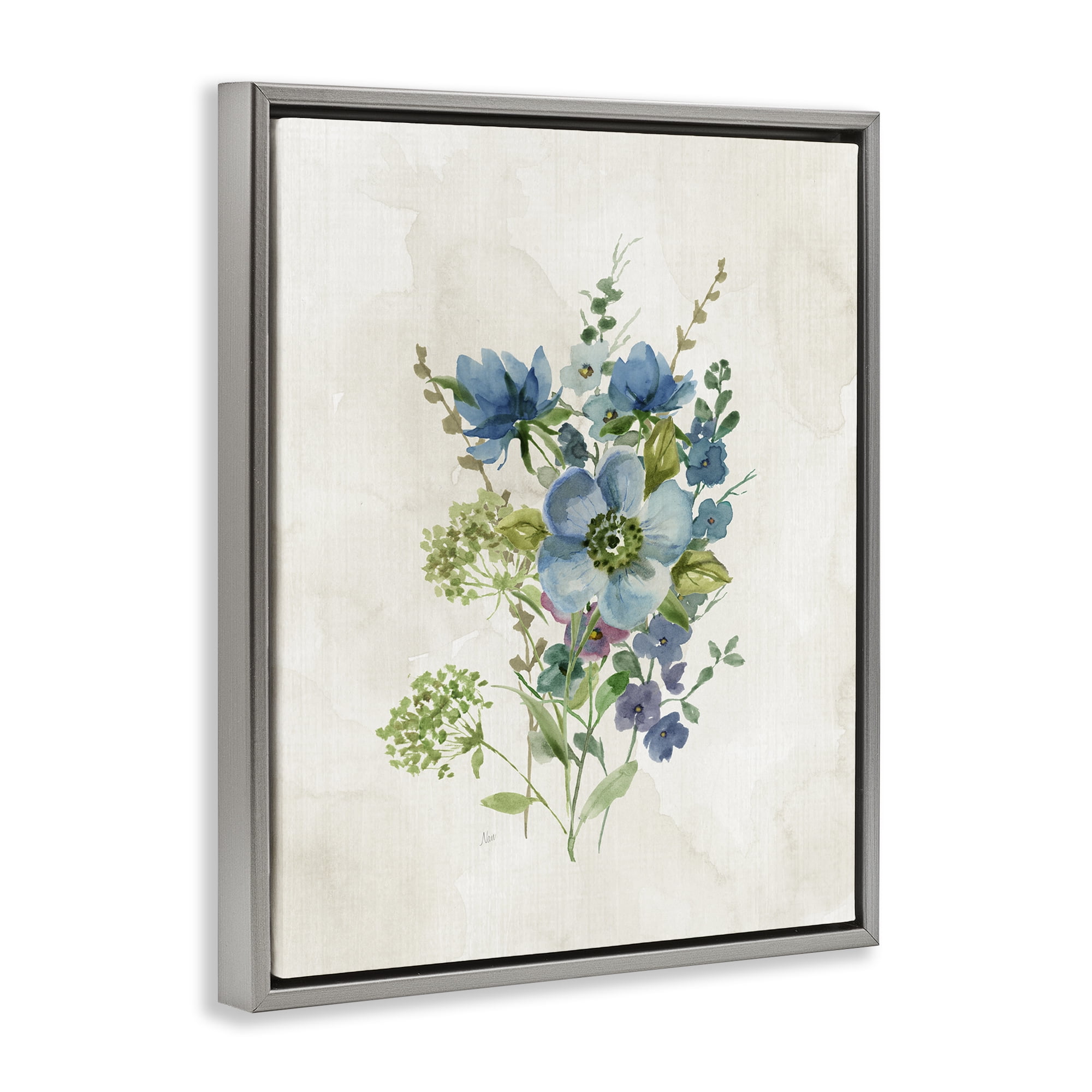 Stupell Industries Blue Wildflower Cluster Plants & Flowers Painting Gray Floater Framed Canvas Art Print Wall Art, 17 x 21