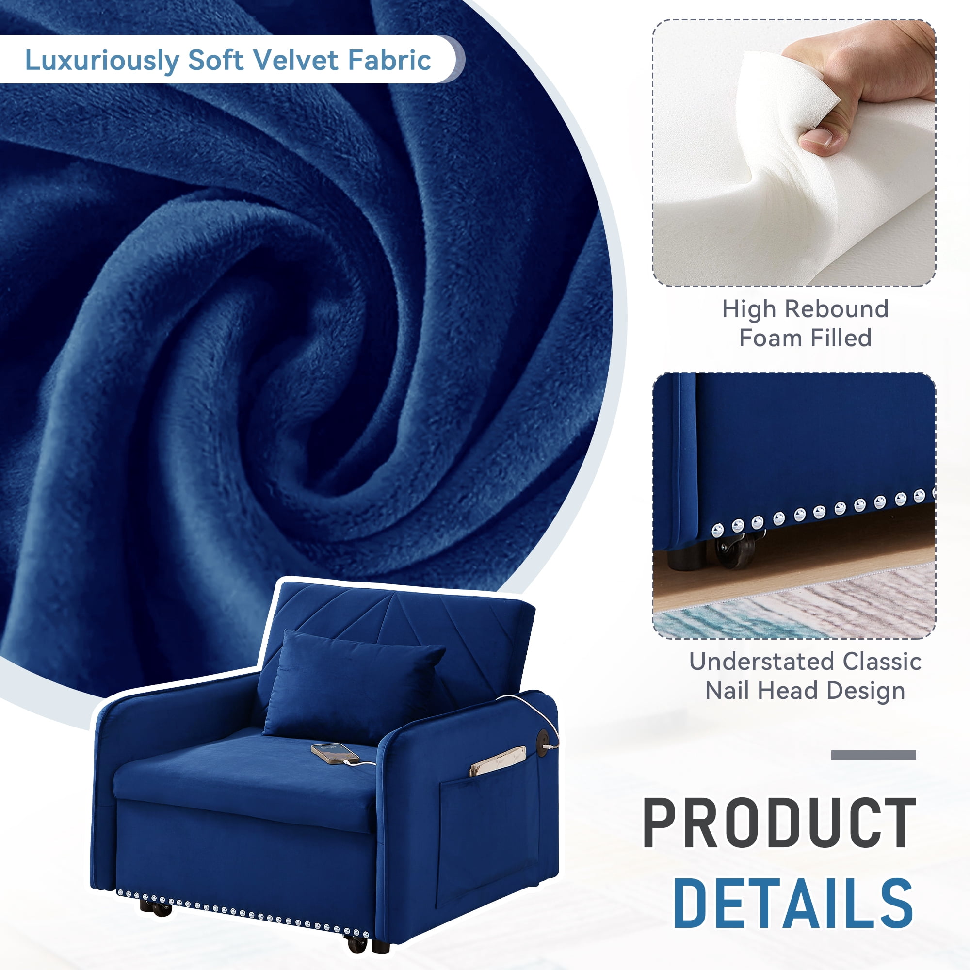 Lunale 3-in-1 Convertible Sleeper Chair Bed, Indoor Lounge Chair with USB/Type-C, Blue Velvet