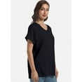 thumbnail image 3 of Women's V Neck T Shirts Casual Rolled Short Sleeve Side Split Summer Tops Loose Fit, 3 of 6