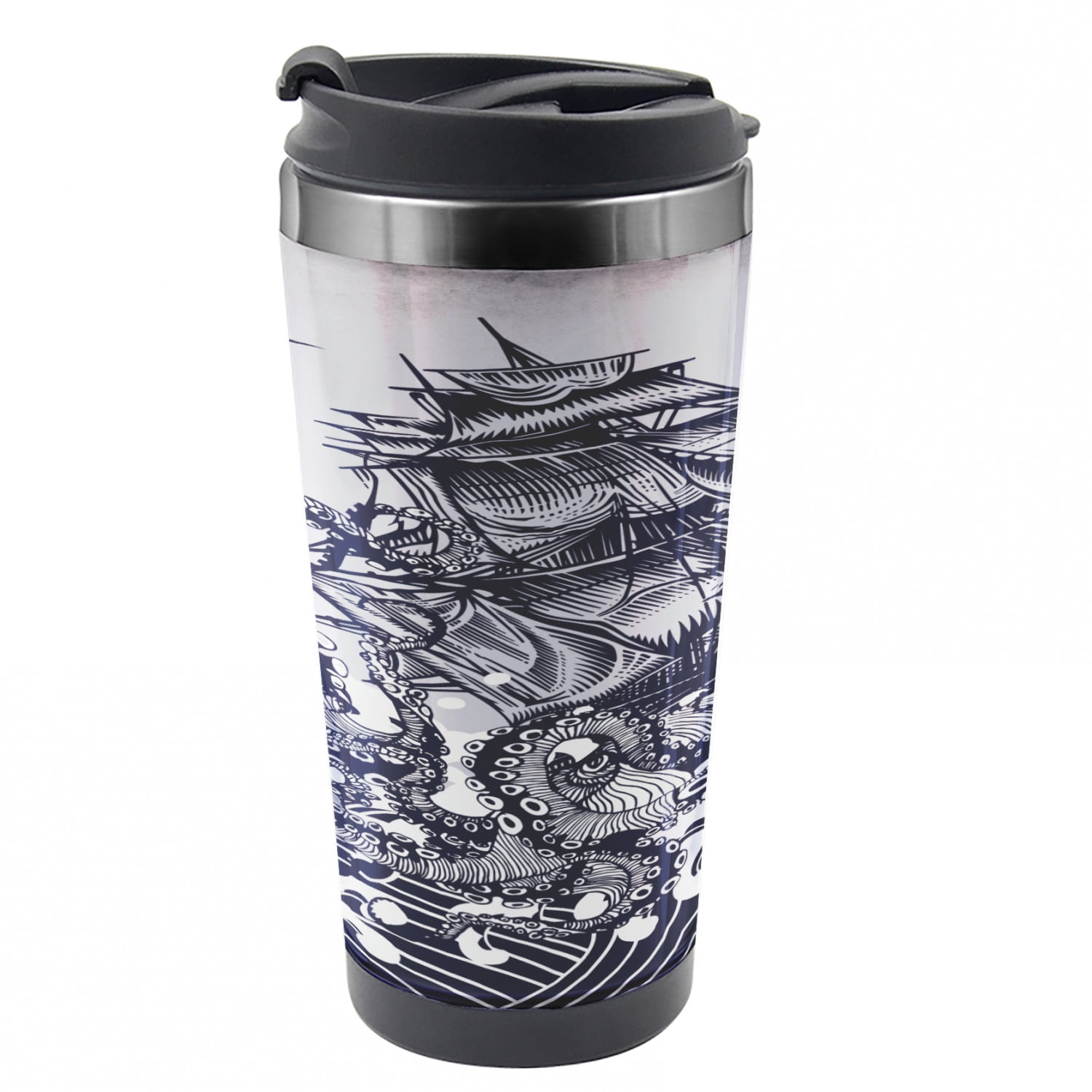Nautical Travel Mug, Octopus and Ship in Storm, Steel Thermal Cup, 16 ...
