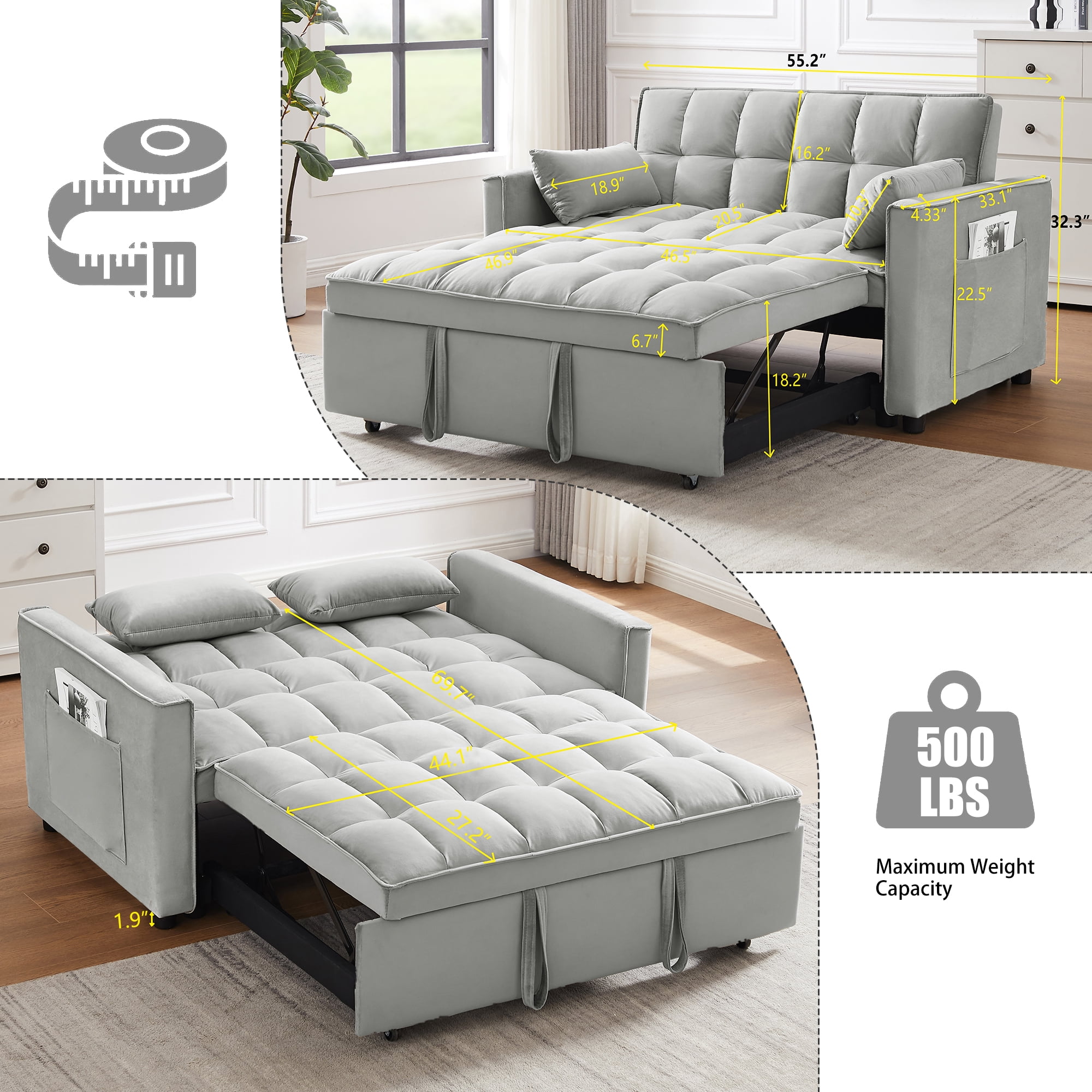 Leumius Convertible Sofa Bed,3-in-1 Sleeper Sofa with Pull Out Bed,Sleeper Futon Couch Loveseat with Adjsutable Backrest and Pillows for Living Room,Gray