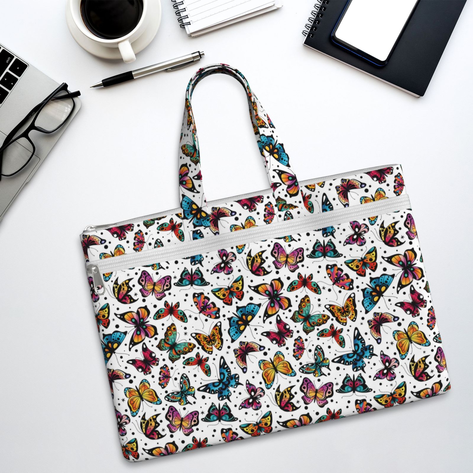 Kdxio Colorful Flying Butterflies File Tote Document Bag Business Briefcase Bag Document Organizer Tote Briefcase for Letter A4 Files Business Teacher Office Bag