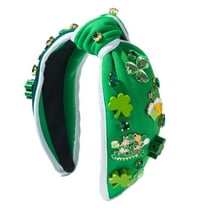 St.Patrick's Day Headbands for Women Girl Green Shamrock Knotted Hairband Sparkling Jeweled Crystal Rhinestone Wide Top Knot Headband for Irish Holiday Party Hair Accessories Gifts