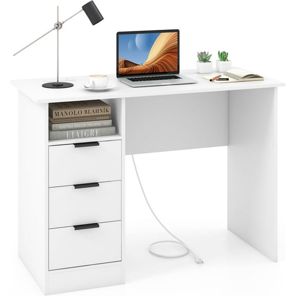 CZMJY White Desk with 3 Drawers & Charge Station, Home Office Desk with Open Shelf, Study Writing Desk, PC Desk Computer Workstation, Modern Computer Desk for Bedroom, Study