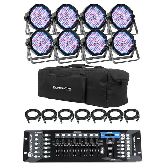 8) Eliminator American DJ Mega Flat PAK8 EP RGBUV Wash Lights DMX Controller Bag