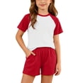 thumbnail image 2 of Girls Summer 2 Piece Outfits Short Sleeve T Shirts Top and Shorts Set Kids Clothing Sets with Pockets Teen Soft Comfy Athletic Casual Sets Sportswear Red 5-6 Years, 2 of 7